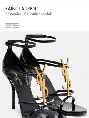 Saint Laurent Black Patent Leather Heeled Sandals with Gold YSL Logo